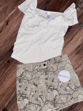 Emma & Elsa Cream Ribbed Top and Beige Camo Skirt Kids Matching Set